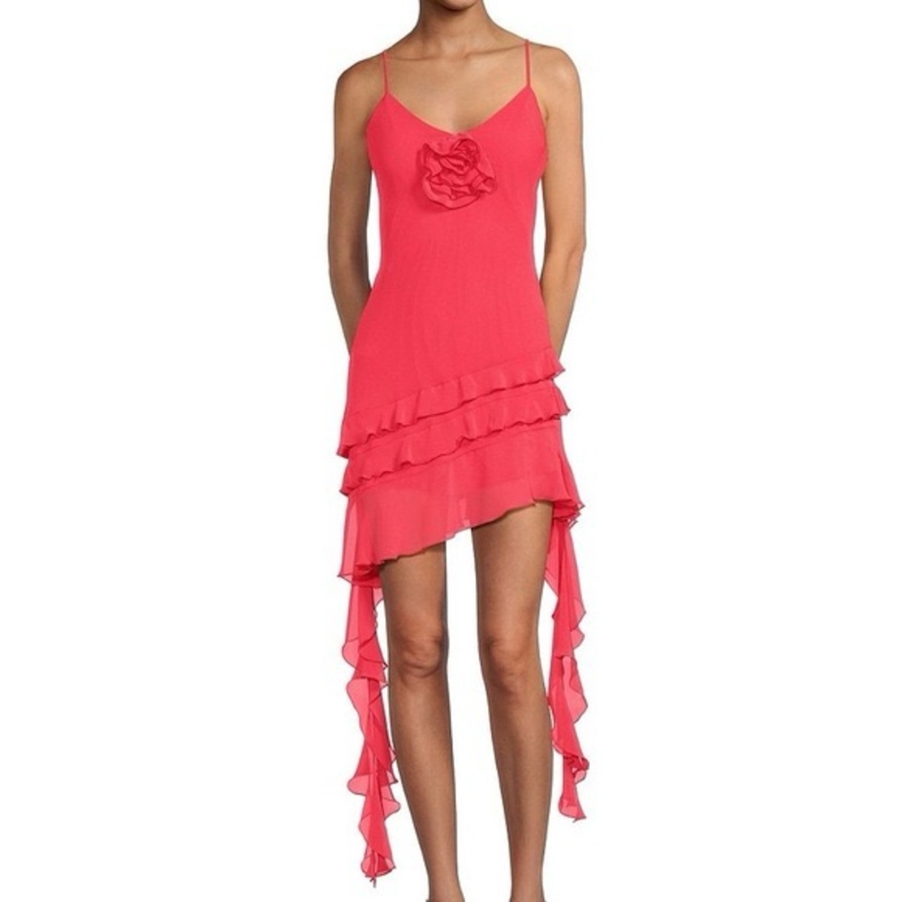 Gianni Binni Belle Rosette Sweetheart Neck Sleeveless Ruffle Chiffon Mini Dress